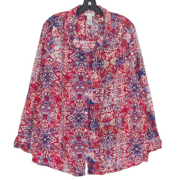 Catherines Top Y2K Boho Eclectic Art Teacher Cottage Grandma Button Up Pink 3X - Picture 1 of 5